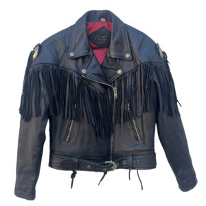 blouson cuir noir moto franges vintage elephant future