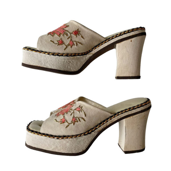 Mules beiges en tissus brodé semelle simili cuir vintage elephant