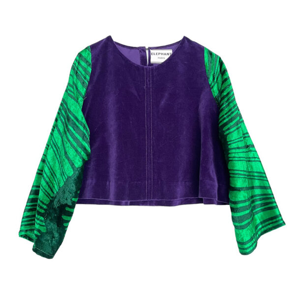 Top trapèze vert et violet coton et soie elephant future couture