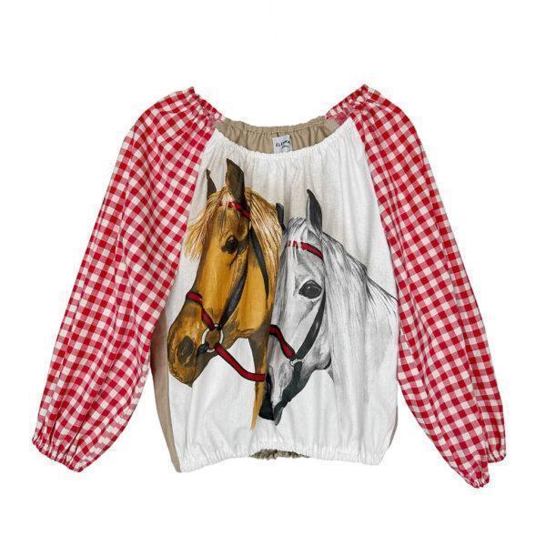 Blouse vichy rouge chevaux Elephant Paris Design