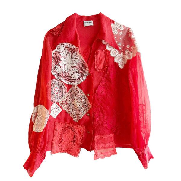 Blouse organza soie rouge brodee Elephant Paris Design