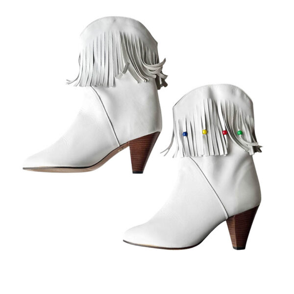 Bottes blanches cuir franges Elephant Paris Vintage