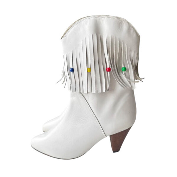 Bottes blanches cuir franges Elephant Paris Vintage